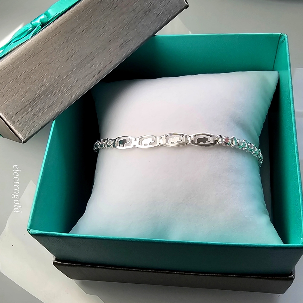 Sterling silver bracelet with elephants design ID and cubic zirconia 6.5 wrist
